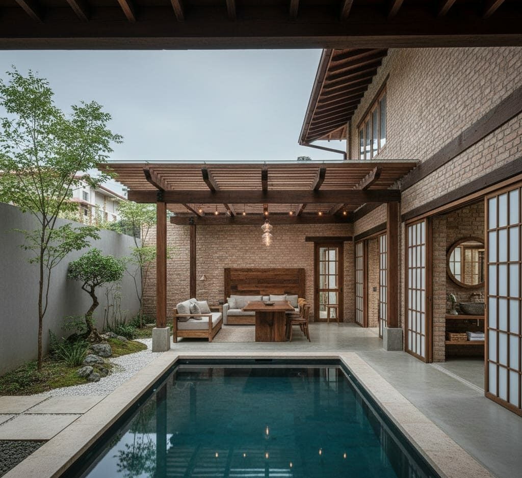 Imagem ilustrativa criada por IA de um ambiente arquitetônico com madeira restaurada, destacando reaproveitamento de madeira em projeto contemporâneo.