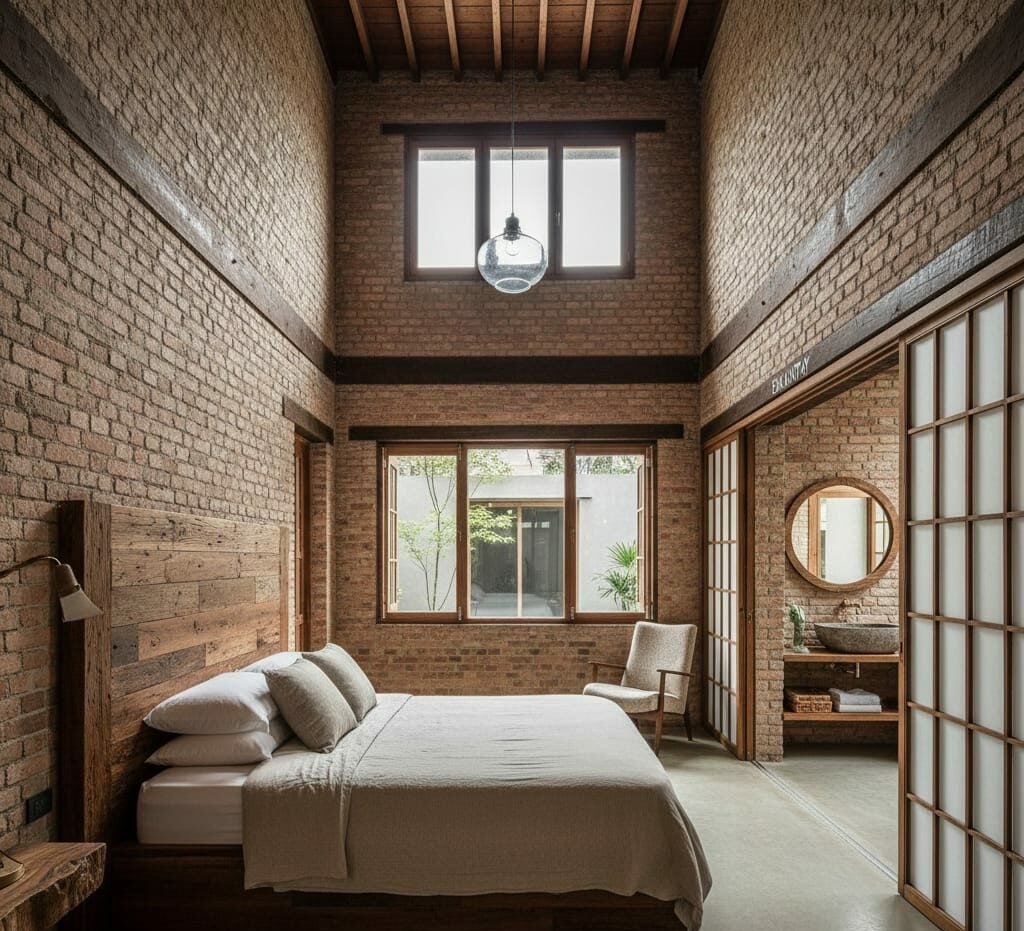 Imagem ilustrativa criada por IA de quarto com madeira reaproveitada, destacando elementos rústicos e arquitetura sustentável.