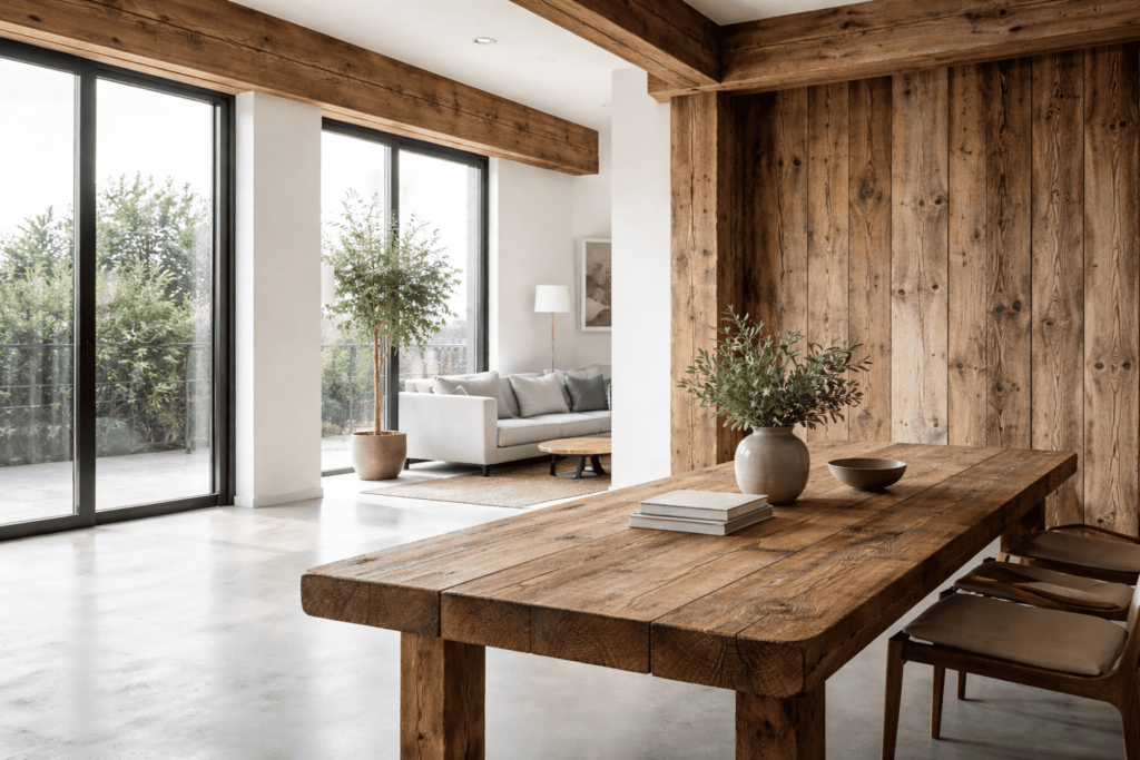 Ambiente contemporâneo com reuso de madeira de demolição, unindo design sustentável, autenticidade e arquitetura minimalista.Imagem gerada por IA para ilustrar o conteúdo.